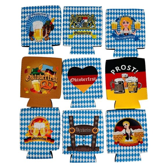 Oktoberfest Beer Can Coolers 9-Pack With Bavarian Patterns & Fun Designs New - Picture 1 of 7